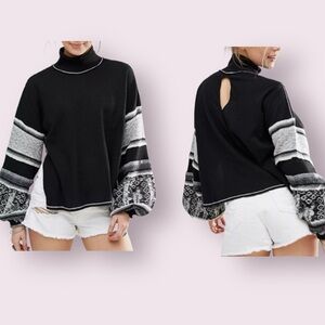 Free People Northern Lights Waffles Knit Top Sweater Sleeves Black Size Small